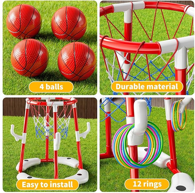 Pool Basketball Hoop, 2-in-1 Floating Pool Toys Ring Game with 4 Balls and Pump, Outdoor Swimming Pool Basketball Games Water Play Toy Family Party for Kids Adults Age 3-12 (Red)