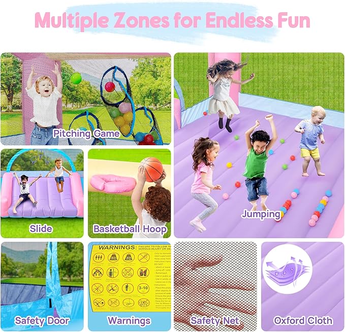Large Bounce House for Big Kids, 14.8 x 14.5 FT Inflatable Bouncer Jumper Slide with 650W Blower, Basketball Hoop, Throw Ball Game, Ball Pits (Pink, 177" L x 174" W x 94" H)