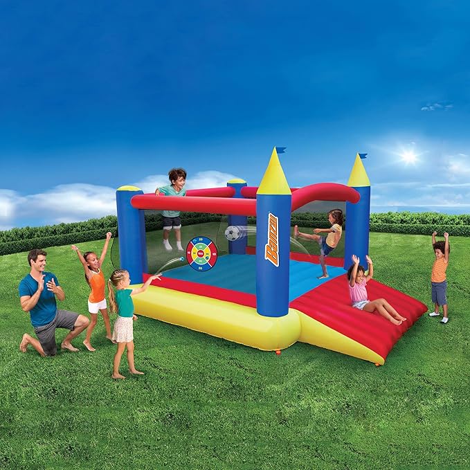 BANZAI Inflatable 13' Water Slide Park Plus 12' Bounce House 2 for 1 Value Pack w Free Air Blower- Inflates in Under 2min- Heavy Duty Kids Adventure Park Pool with Sprinkler 12’x9 XL Bouncy Castle