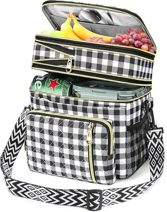 LOKASS Lunch Box for Women-16L-Insulated Lunch Bag Women, Expandable Double-layer Leakproof Cooler Bag with Upgrade Adjustable Shoulder Strap Ideal for Work/Travel/Picnics（Black&White Check）
