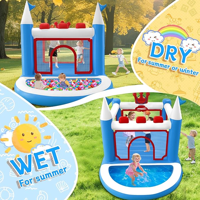 Kids Bounce House with Ball Pit, Basketball Hoop, Target Game and Ring Toss Game PVC Jumping Castle with Electric Air Pump 98”x 70”x 65” Trampoline for Ages 3-8 Indoor or Outdoor Play