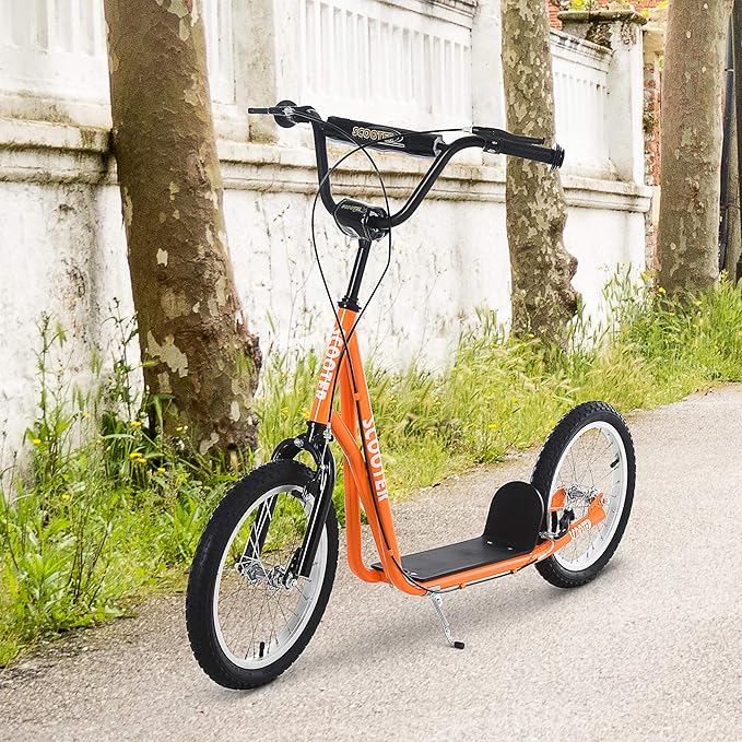 Aosom Youth Scooter Kick Scooter for Kids 5+, Max Load 220 LBS., with Adjustable Handlebar, 16" Inflatable Wheels, Dual Brakes