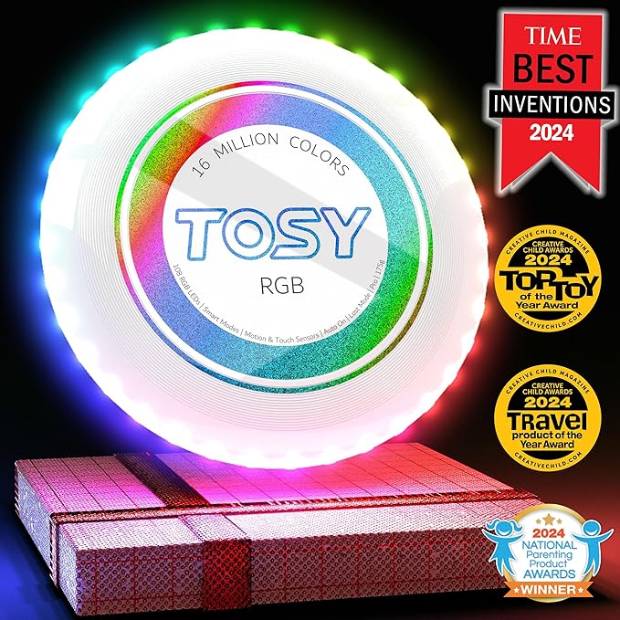 TOSY Flying Disc - 108 RGB Multicolor or 36 Monocolor LEDs, Super Bright, Smart Modes, Christmas Stocking Stuffers Gift, Camping Toy for Kid/Teen/Adult, Auto Light Up, Rechargeable, Waterproof, 175g