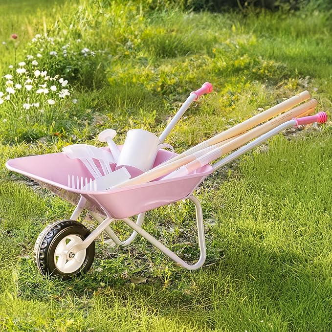 ROBOTIME Kids Wheelbarrow with Gardening Set – Metal Wheelbarrow Toddler Outdoor Play Toy with Garden Tools, Watering Can & Plant Labels, Pretend Play Yard Equipment for Boys and Girls (Pink)