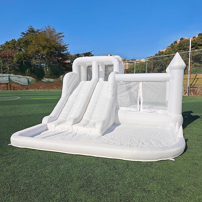 12.5 FT Oxford White Bounce House Bouncing Castle with Two Slides Inflatable Bounce House for Kids with Large Ball Pits Suitable Birthday Party Holiday Decorations and Photography