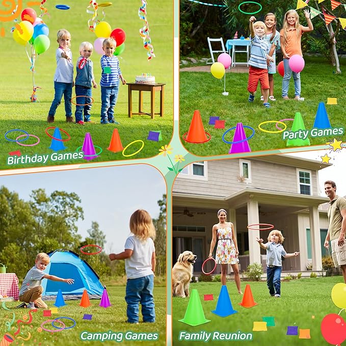 31PCS 3 in 1 Carnival Outdoor Games Combo Set for Kids, Soft Plastic Cones Bean Bags Ring Toss Games, Kid’s Gift for Birthday Party Outdoor Games Supplies, Throwing Backyard Lawn Family Toys