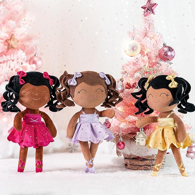 Gloveleya Baby Dolls Soft Snuggly Curly Hair Ballerina Doll First Baby Girl Gifts Plush Tanned Ballet Doll with Lace Mesh Dress Golden Ballerina Series