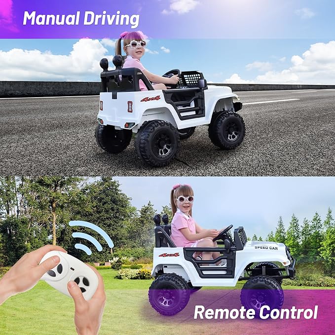 12V Ride On Car, Electric Car for Kids, Ride on Toys, Kids Cars with 3 Speeds Adjustable, Bluetooth, Parent Remote Control, Spring Suspension, AUX Port-White