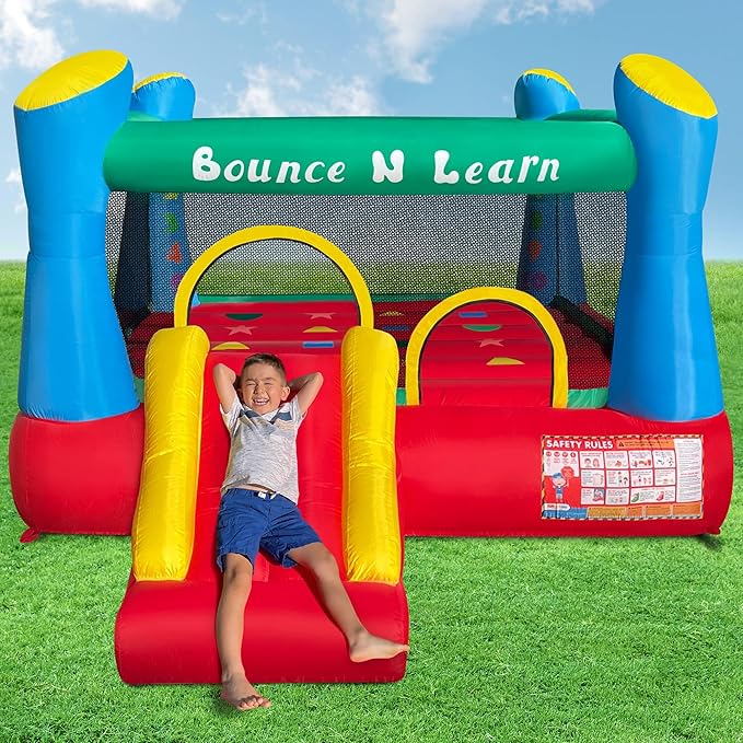 Funormous Educational Inflatable Bouncy House for Kids Outdoor Jump 'n Slide Bounce House with Blower Included for Kids Ages 3-8
