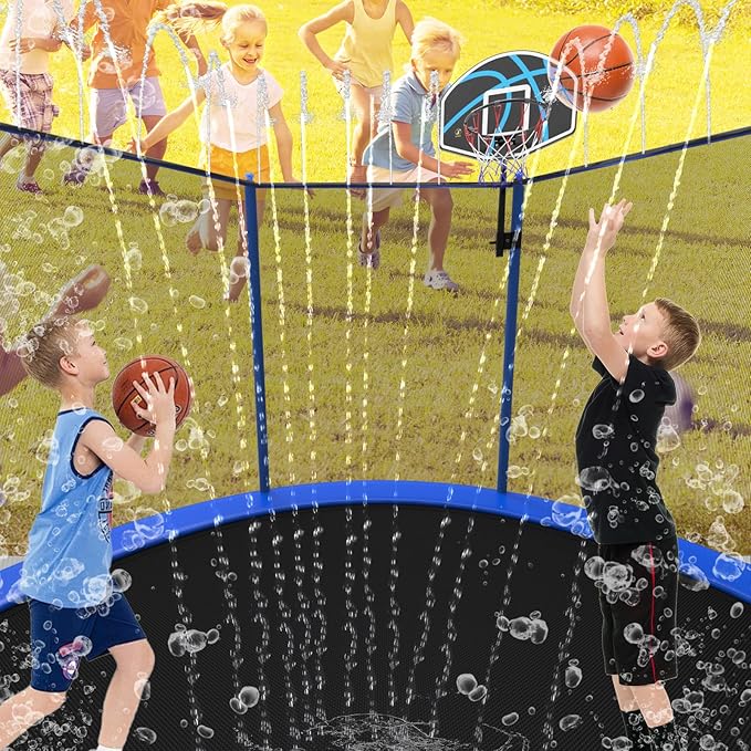 10FT/12FT/14FT Outdoor Trampoline for Kids and Adults - Trampoline with Basketball Hoop & Sprinkler - Anti Rust - ASTM Approved - Blue