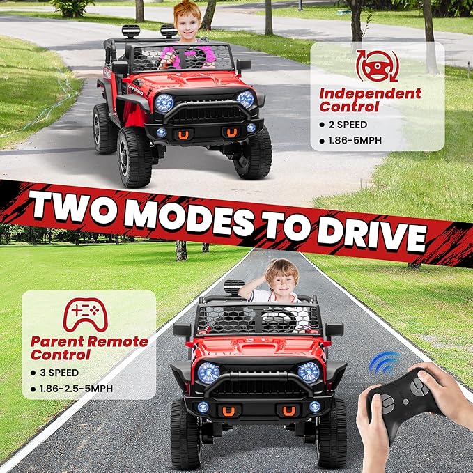 JOYRACER 24V 2 Seater Ride On Toys for Big Kids, 800W Power Truck Wheels with Remote Control, 4WD/2WD Switchable, 20" Spacious Seat, Soft Start, Bluetooth, Electric Car for Kids Ages 3-8, Red