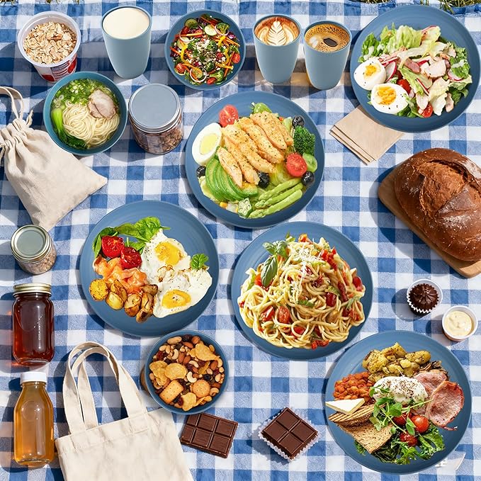 Wheat Straw Dinnerware Sets for 4, Reusable Plastic Dinner Plates, Unbreakable Kids Plates and Bowls Sets 20 PCS, Dishwasher & Microwave Safe Kitchen Camping Dorm Dish Sets- Blue