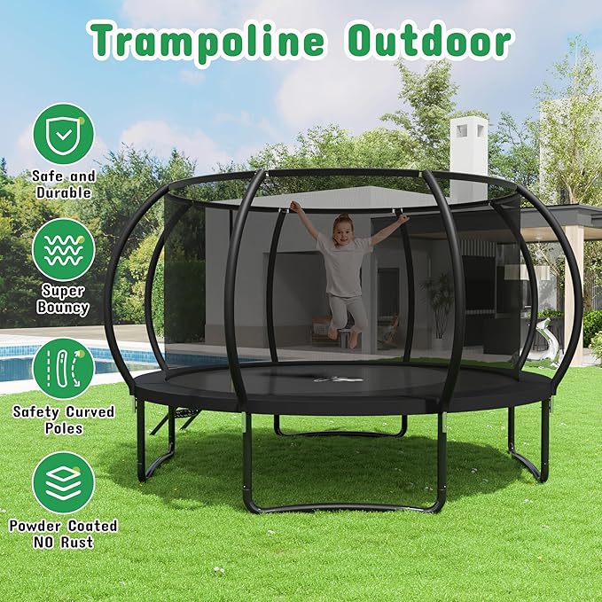 Polar Aurora 10FT 12FT 14FT 16FT Outdoor Trampoline with Safety Enclosure Net, Thickened Spring Pad，ASTM Approved Recreational Trampoline for Kids and Adults,Anti-Rust Coated Frame and Thickened Mat