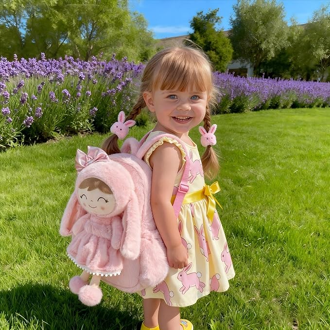 Gloveleya Toddler Backpack Plush Bag with Soft Pink Rabbit Doll Detachable Design 11inches Gift for Baby Girl 2+...