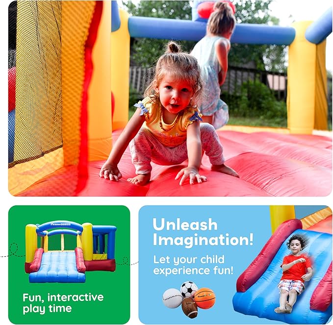 [Upgrade Version] PicassoTiles KC102 12x10 Foot Inflatable Bouncer Jumping Bouncing House, Jump Slide, Dunk Playhouse w/Basketball Rim, 4 Sports Balls, Full-Size Entry, 580W ETL Certified Blower
