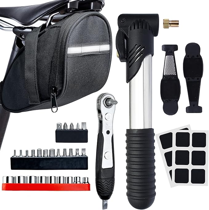 Bike Tool Kit, Repair Kit Mini Ratchet Wrench with 26 Bits, Saddle Bag, Pump, Tire Lever Patches Bicycle Multitool Accessories Screwdriver Set for Adult Bikes Road Mountain MTB