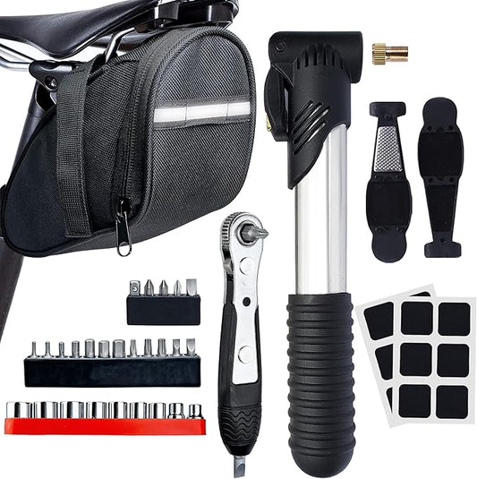 Bike Tool Kit, Repair Kit Mini Ratchet Wrench with 26 Bits, Saddle Bag, Pump, Tire Lever Patches Bicycle Multitool Accessories Screwdriver Set for Adult Bikes Road Mountain MTB