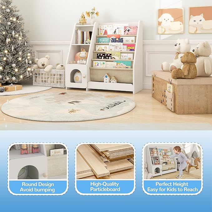 FKWin Kids Bookshelf, Kids Toy Storage Organizer, Baby Storage Book Rack, 4 Tier Kids Wooden Bookshelves, 5 Layer Sling Bookcase for Playroom, Bedroom, Living Room, Kids Room, Nursery, School(White)