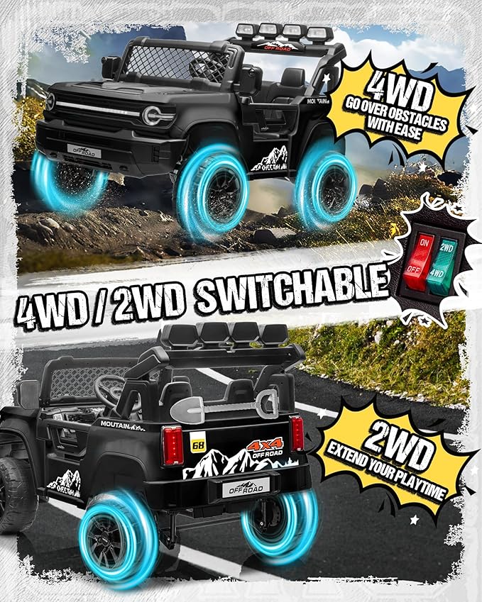 24V Ride on Toys for Big Kids, 2 Seater Electric Car w/22'' Large Seat, Remote Control, Shovel, 4X200W Engines, 4WD/2WD Switchable, Truck Bed Storage, Ride On Truck Toy for Boy Girl, Black