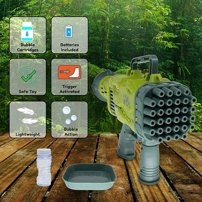 Windy City Novelties 32 Hole T-Rex Dinosaur Gatling Bubble Gun Toy | 1000s of Bubbles | Bazooka Rocket Bubble Machine Gun Toy | for Kids Boys & Girls | Birthday Gift Christmas Stocking Stuffers