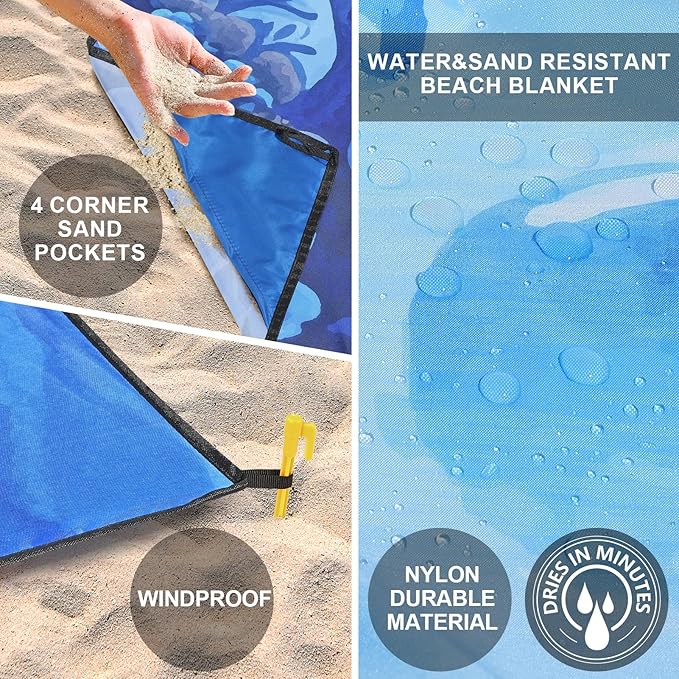 Beach Blanket Waterproof Sandproof Beach Mat 79" X 83"/10'x9'for 2-8 Adults Quick Drying Outdoor Picnic Mat Beach Accessories for Travel, Camping, Hiking