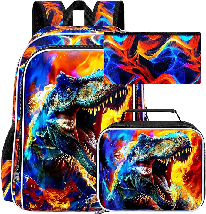 17" Dinosaur Backpack for Boy, 3Pcs Fire Bookbag for Elementary Preschool Kindergarten, Kids School Backpacks with Lunch Box (Red)