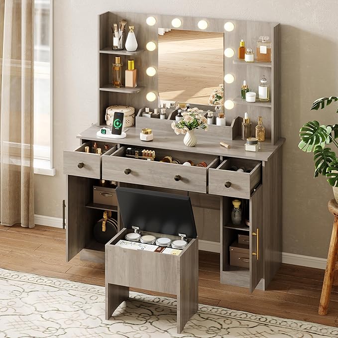 Vanity Desk with Mirror and Lights,Grey Makeup Vanity with Charging Station & Stool, 3 Drawers and Cabinets, Farmhouse Vanity Mirror with RGB LED Lights Makeup Desk and Chair for Women