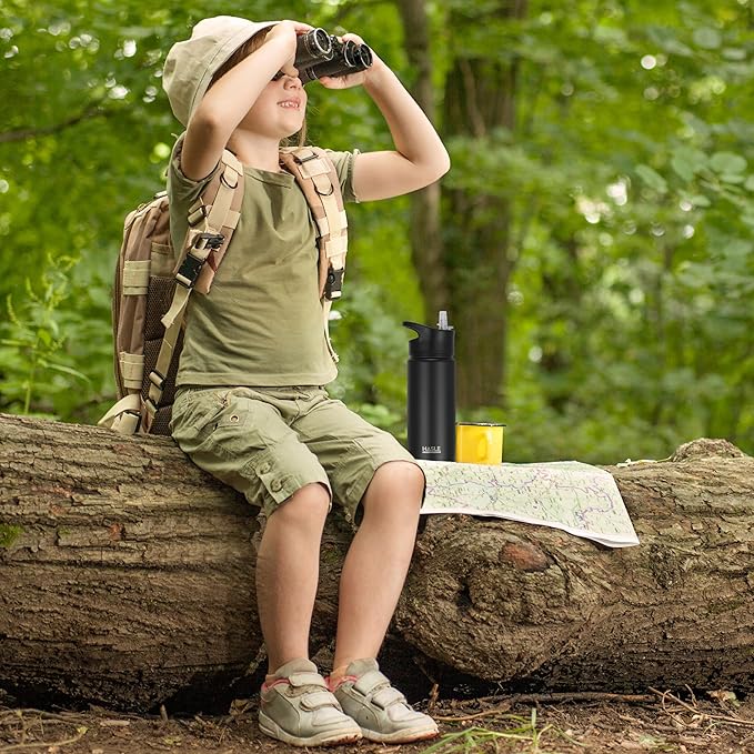 HASLE OUTFITTERS Insulated Water Bottle 16 oz Double Wall Vacuum Stainless Steel Water Bottle Leak Proof for School Wide Mouth with Straw Lid & Spout Lid Keeps Cold and Hot(Black,8pack)