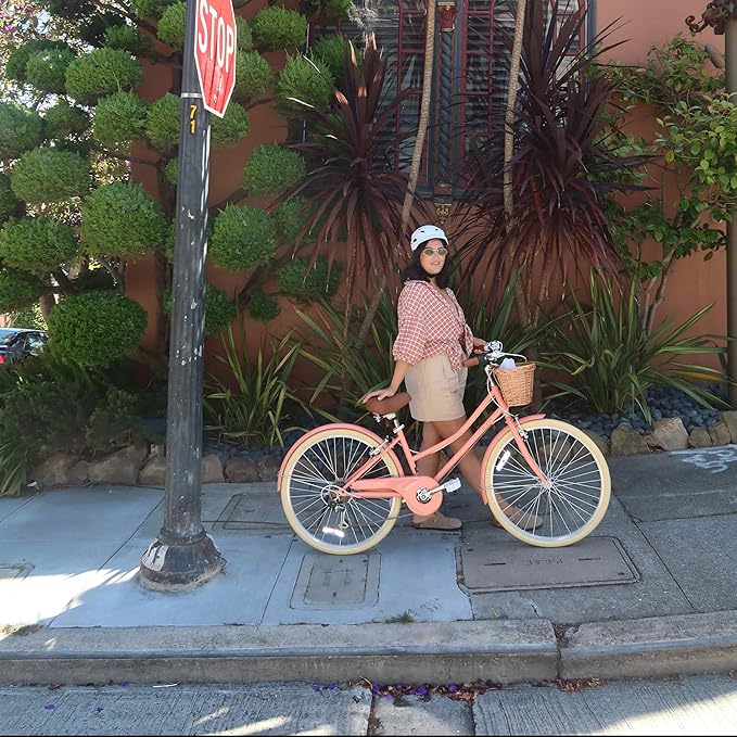 Glerc 20 24 26 Inch Beach Cruiser Bike, 6-Speed Hybrid City Bicycle for Girls Youth and Over 6 Years Old, Missy Bike with Wicker Basket & Lightweight, Multiple Colors