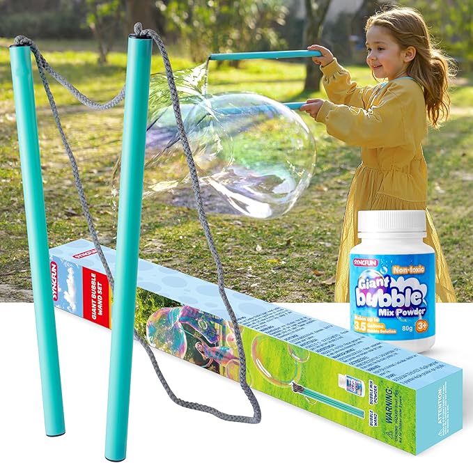 SYNCFUN Giant Bubble Wand Kit (3-Piece Set) with Concentrate Solution-Up to 3.5 Gallons, Big Bubble Wand Set with Mix Powder, Outdoor Toy for Kids, Boys, Girl, Party, Summer