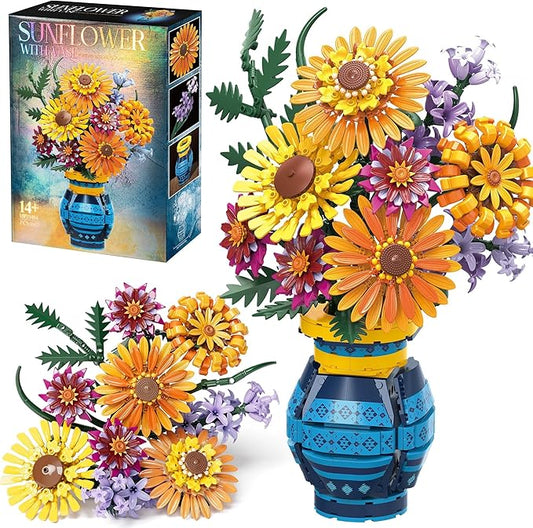 Sunflower Bouquet Building Blocks with Vase Set, 1065 PCS Botanical Collection Christmas Birthday Gifts for Adults Women Men Teen Girls, Artificial Flower Home Decor Gifts for Her Him Mom Wife Grandma
