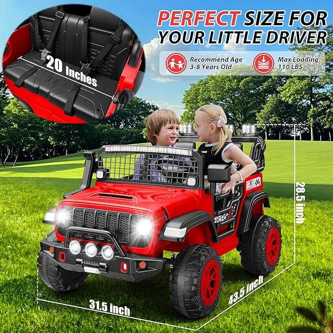 Hikole 24V 2 Seater Electric Ride on Toys Car for Kids 4-8, Remote Control, 2X200W Powered Wheels, 20'' Wide Seats, Sping Suspension, Bluetooth & Music, 110LBS MAX Load, LED Lights, 3 Speeds, Red