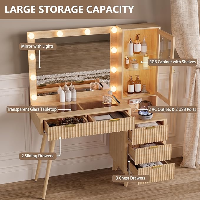 Makeup Vanity Desk with Mirror and Lights, 45" Fluted Wood Vanity Desk with Glass Top, 5 Drawers & RGB Glass Cabinet, Power Outlet, Mid Century Modern Dressing Table Set for Women Girls Bedroom