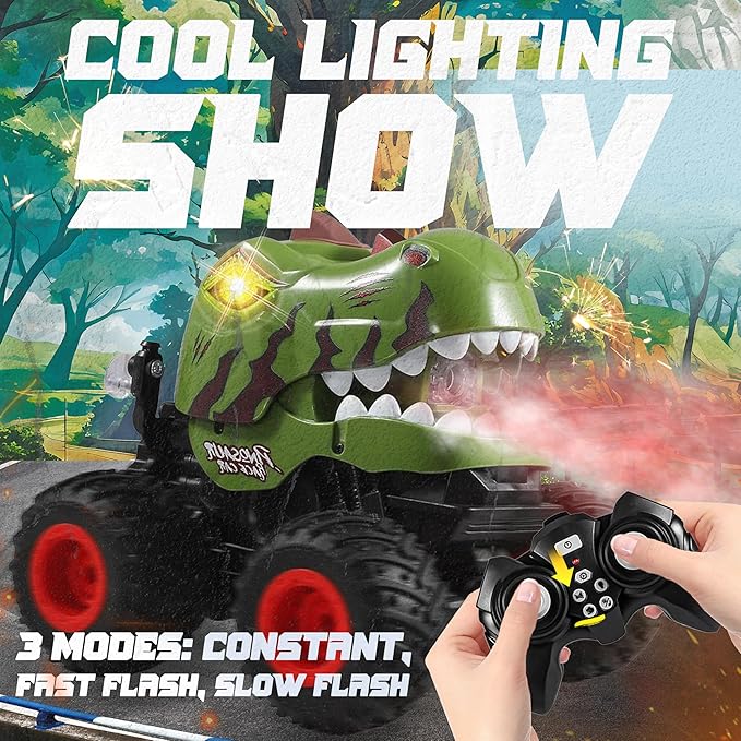 BEZGAR Monster Truck Toys - Remote Control Monster Truck with Spray, Light, Music, Dinosaur Toys for Kids, 1:20 Scale RC Truck with 360° Spins and Drifting, Remote Control Car for Boys 4-7 Camo Green