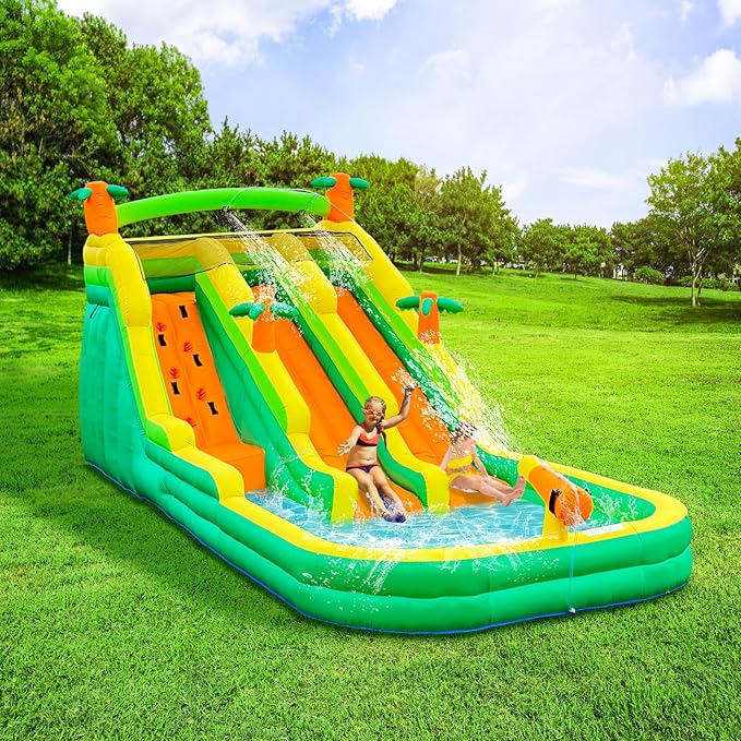 20FT Large Inflatable Water Slide Oxford Waterslides for Kids and Adults Rainforest Style Water Slide Bounce House and Swimming Pool Wet Dry Use Summer Fun Water Park for Outdoor（Including Blower