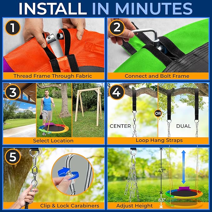 SereneLife 40" Saucer Swing - Outdoor Swing Set with Heavy-Duty Chains & Hanging Kit, Swinging Seat Spinner with Pillow & Carry Bag, Weatherproof, Water-Resistant, Supports Up to 700 lbs, Rainbow