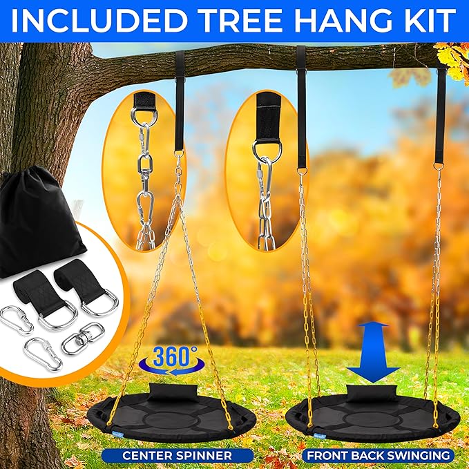 SereneLife 40" Saucer Swing - Outdoor Swing Set with Heavy-Duty Chains & Hanging Kit, Swinging Seat Spinner with Pillow & Carry Bag, Weatherproof, Water-Resistant, Supports Up to 700 lbs, Black