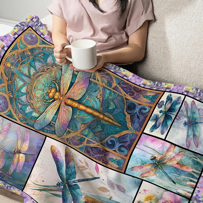 Dragonfly Throw Blanket for Women, Dragonflies Decor Fleece Blanket Gifts for Boys Girls, Warm Cozy Soft Flannel Stuff for Bed Sofa Couch 80" x 60"