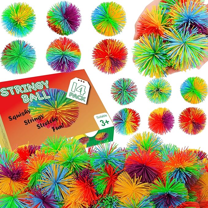 14PCS Stringy Balls, Sensory Stringy Ball, 2.75 inch Soft Rainbow Pom Bouncy, Stocking Stuffers for Kids, Monkey Pom Balls Fidget Toys Stress Ball, Birthday Gifts for Boys, Girls Ages 3+