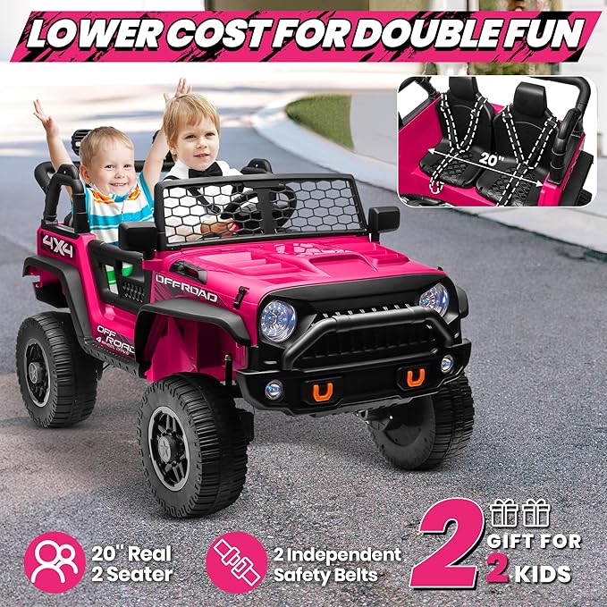 JOYRACER 24V 2 Seater Ride On Toys for Big Kids, 800W Power Truck Wheels with Remote Control, 4WD/2WD Switchable, 20" Spacious Seat, Soft Start, Bluetooth, Electric Car for Kids Ages 3-8, Rose Red