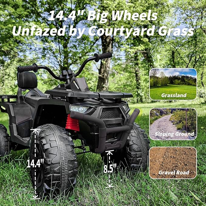 12V Kids 4 Wheeler ATV, 2-Seater Electric ATV Four Wheeler for Big Kids with Bluetooth, 14.4" Big Wheels - Black