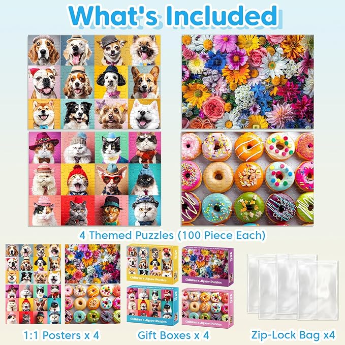 100 Piece Puzzles for Kids Ages 4-8 - Dogs Flowers Donuts Cats Puzzles - Large Puzzle for Senior Jigsaw Puzzle for Kids Ages 4-6 6-8 8-10 Year Old Educational Toys Gifts 4-Pack 15"x11"