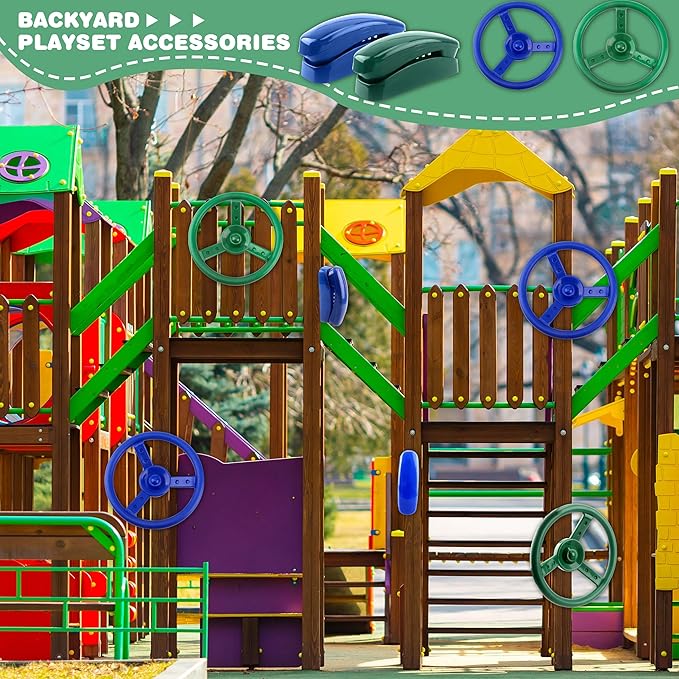 4 Pack Playground Accessories for Kids Outdoor Playground Steering Wheel Priate Ship Wheel Plastic Telephone Phone Toy Swing Set for Playground Backyard Playhouse Tree House (Green,Blue)