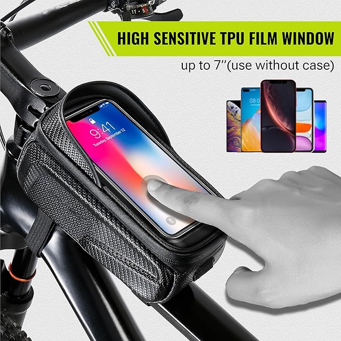 Waterproof Bike Bag Phone Front Frame Bag, Bicycle Accessories Pouch, EVA Bike Phone Holder Top Tube Bag Handlebar Bags, with 2 Reflective Tapes, Compatible Phones Under 7''