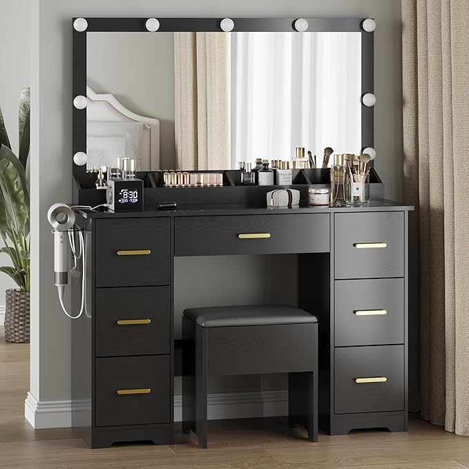 Makeup Vanity with Large Lighted Mirror and Chair, 7 Drawers Vanity Makeup Desk Table with Power Strip, Adjustable Lighting, and Cushioned Storage Stool for Women, Girls