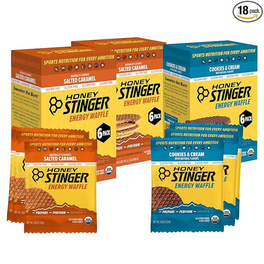 Honey Stinger Organic & Gluten Free Energy Waffle Variety Pack, 12 Salted Caramel and 6 Cookies & Cream Waffles, Nutritious Stroopwafel Snack for Exercise, Endurance and Performance