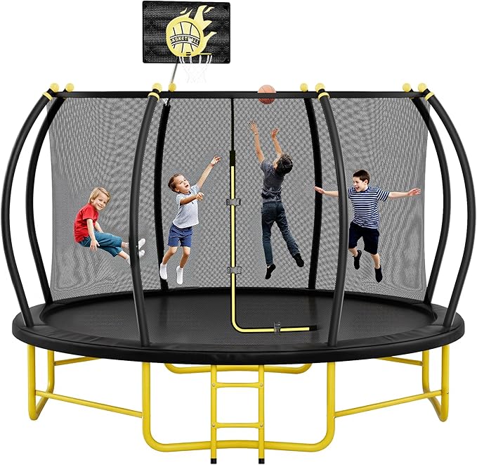 16FT Pumpkin Trampoline for Kids Adults, ASTM Approved Outdoor Recreational Trampoline with Basketball Hoop, Enclosure Net, Yellow