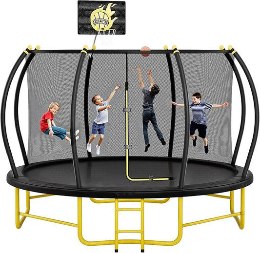 16FT Pumpkin Trampoline for Kids Adults, ASTM Approved Outdoor Recreational Trampoline with Basketball Hoop, Enclosure Net, Yellow