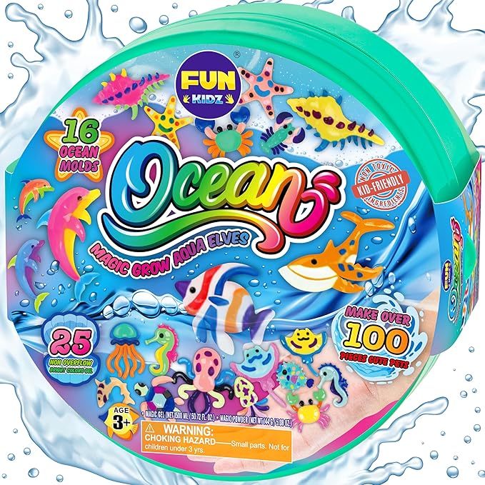 Ocean Magic Water Elves Toys Kit, FunKidz Aqua Squishy Craft Kit for Kids 25 Bright Ocean Colors Gel 16 Ocan Creature Molds Great Birthday Gift for Boys Girls Summer Activities