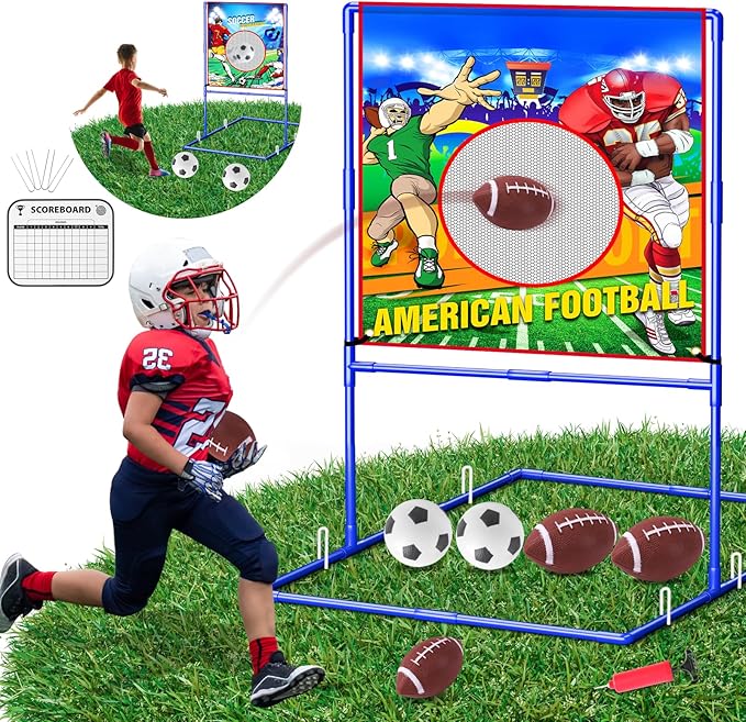 VATOS 2 in 1 Football Toss Target Games and Soccer Toy for Kids, Throwing Target Double-Sided Goal with 2 Inflatable Footballs & 2 Soccer Balls, Indoor Outdoor Back to School Activity Toy Gift